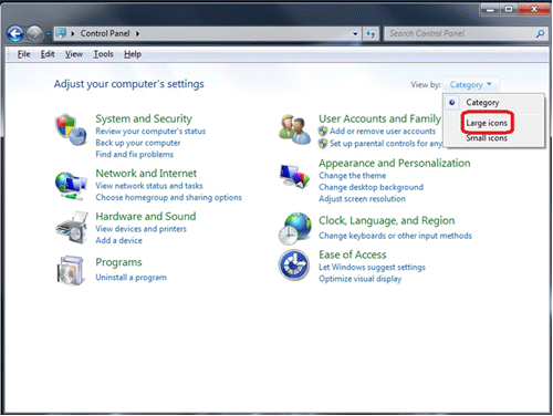 Windows 7 Control Panel, Large Icons